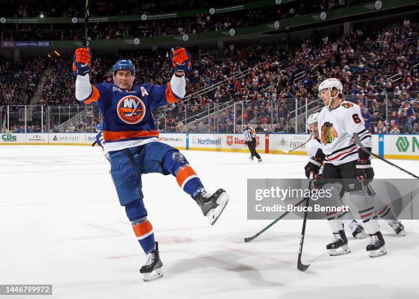 Brock Nelson of the New York Islanders celebrates his goal at 15:14 of the second period against the Chicago Blackhawks at the UBS Arena on December...