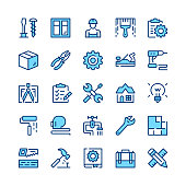 Home repair line icons. Blue color. Outline symbols. Vector line icons set