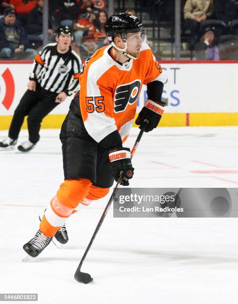 Rasmus Ristolainen of the Philadelphia Flyers skates the puck against the New York Islanders at the Wells Fargo Center on November 29, 2022 in...