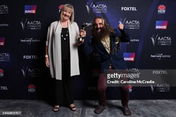 Gill Lomas and Costa Georgiadis pose in the media room with AACTA Award for Best Lifestyle Program during the 2022 AACTA Industry Awards Presented By...