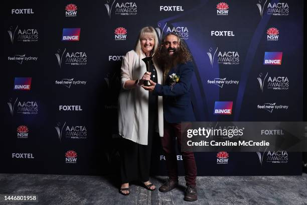 Gill Lomas and Costa Georgiadis pose in the media room with AACTA Award for Best Lifestyle Program during the 2022 AACTA Industry Awards Presented By...