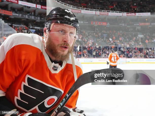 Nicolas Deslauriers of the Philadelphia Flyers looks on at the end of the first period form the bench against the New York Islanders at the Wells...