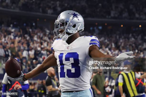 Michael Gallup of the Dallas Cowboys celebrates after scoring a touchdown in the second quarter of a game against the Indianapolis Colts at AT&T...