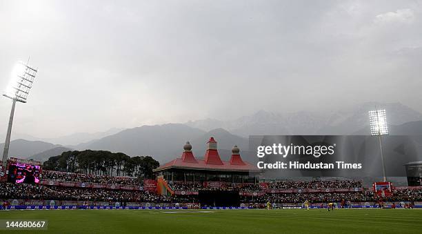 View of the Himachal Pradesh Cricket Association Stadium where the IPL Twenty 20 cricket match being played between Kings XI Punjab and Chennai Super...