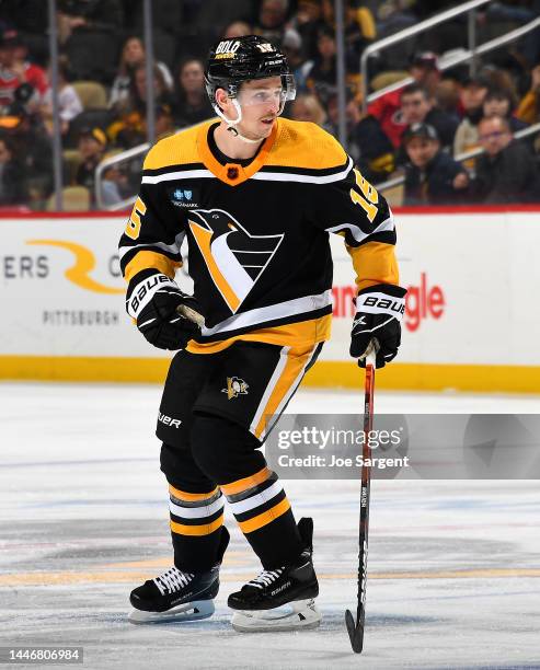 Josh Archibald of the Pittsburgh Penguins skates against the Carolina Hurricanes at PPG PAINTS Arena on November 29, 2022 in Pittsburgh, Pennsylvania.