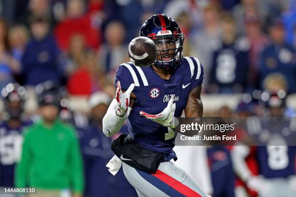 Jonathan Mingo of the Mississippi Rebels catches a pass during the game against the Mississippi State Bulldogs at Vaught-Hemingway Stadium on...