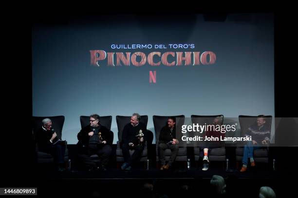 John Canemaker, Guillermo del Toro, Mark Gustafson, Patrick McHale, Georgina Hayns, and Brian Hansen participate in the Q&A during Netflix's...