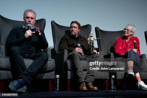 Patrick McHale, Georgina Hayns, and Brian Hansen participate in the Q&A during Netflix's Pinocchio NYC Tastemaker Screening at Crosby Hotel on...