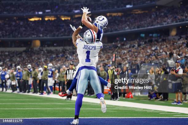 Alec Pierce of the Indianapolis Colts catches a touchdown pass over Kelvin Joseph of the Dallas Cowboys in the third quarter at AT&T Stadium on...
