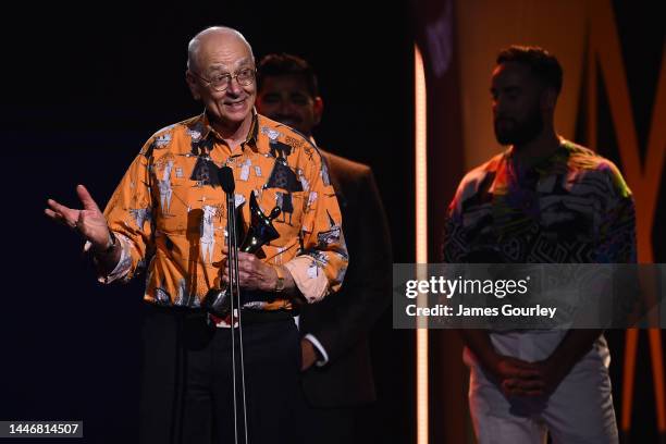 Dr Karl Kruszelnicki accepts the AACTA Award for Best Digital Short Video during the 2022 AACTA Industry Awards Presented By Foxtel Group at the...