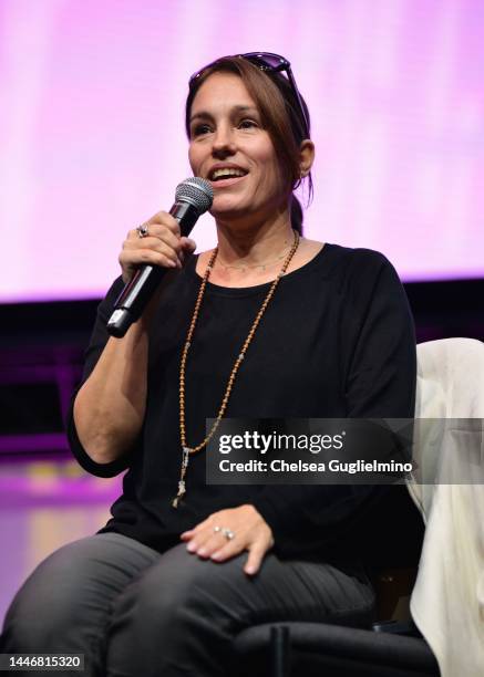 Filmmaker/actor Amy Jo Johnson speaks during the Amy Jo Johnson from "Mighty Morphin Power Rangers" panel at 2022 Los Angeles Comic Con at Los...