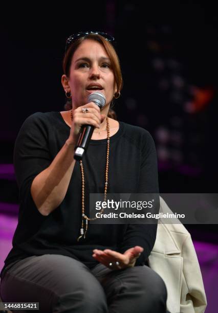 Filmmaker/actor Amy Jo Johnson speaks during the Amy Jo Johnson from "Mighty Morphin Power Rangers" panel at 2022 Los Angeles Comic Con at Los...