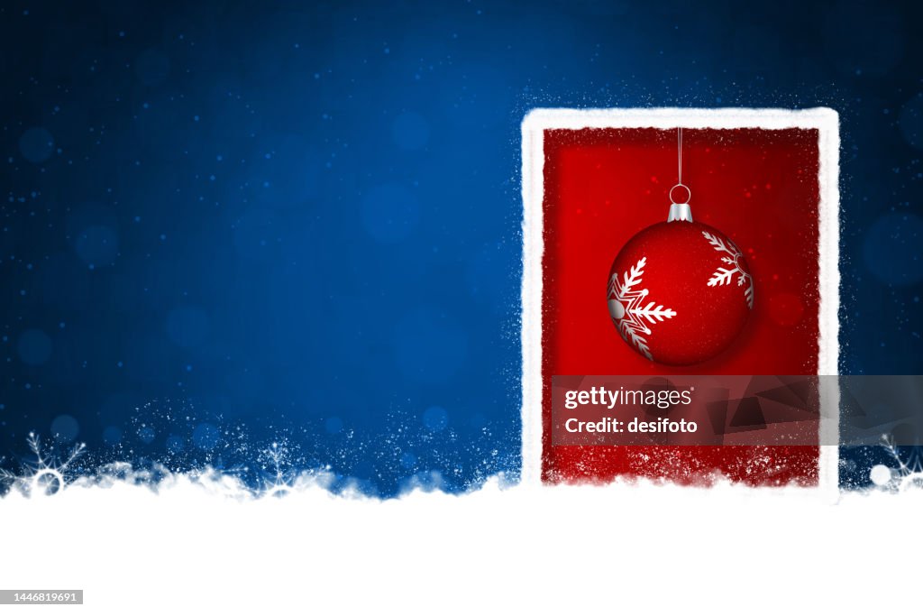51³Ô¹ÏÍø dark midnight royal blue coloured Xmas backgrounds with one big bordered framed white outline with 3D Merry Christmas bauble with silver snowflake design on red backdrop snow all over the ground, a border or frame like a gate or door