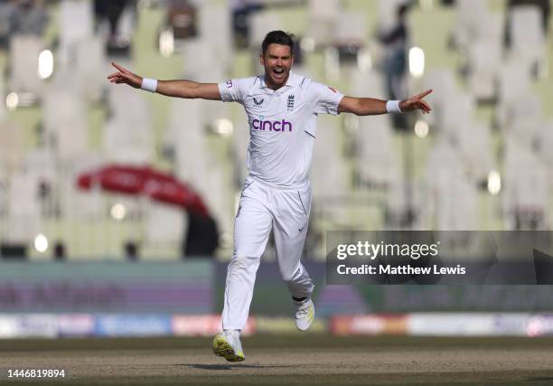 James Anderson of England celebrates the wicket of Imam-Ul-Haq of Pakistan during the First Test Match between Pakistan and England at Rawalpindi...