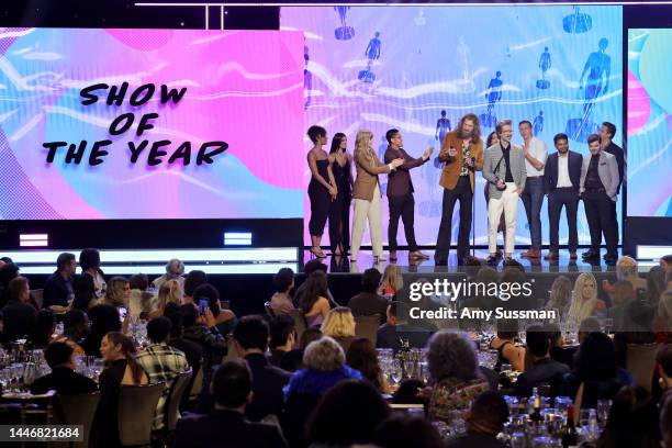 Rhett McLaughlin and Link Neal with crew accept the Show of the Year Award onstage during the 2022 YouTube Streamy Awards at The Beverly Hilton on...