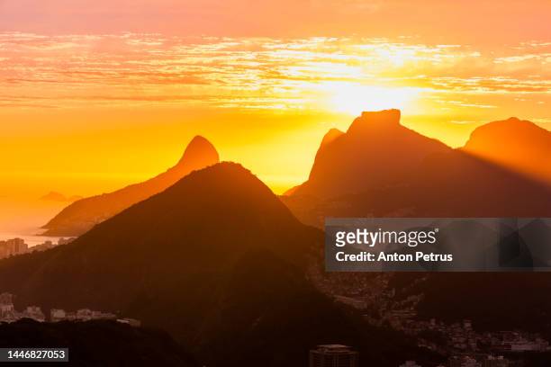 beautiful panorama of rio de janeiro at twilight, brazil. city view at sunset - corcovado hill stock pictures, royalty-free photos & images