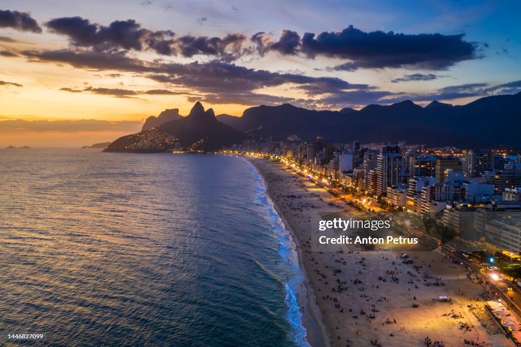 Panorama of Rio de Janeiro at twilight, Brazil. Ipanema beach at sunset. Rio de Janeiro