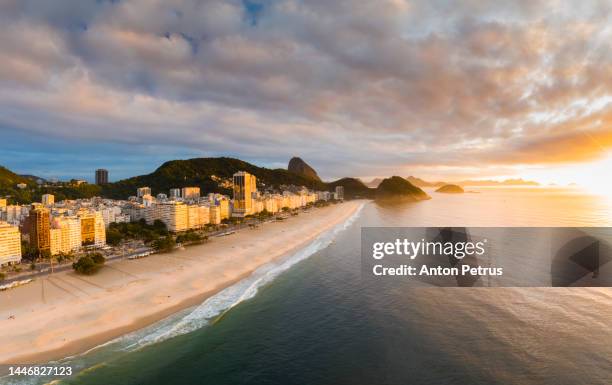 aerial view of rio de janeiro at sunrise, brazil. copacabana beach, rio de janeiro - botafogo brazil stock pictures, royalty-free photos & images