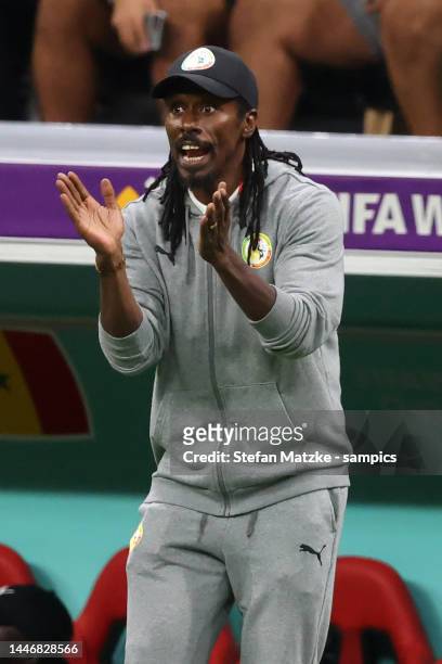 Coach Aliou Cisse of Senegal reacts from the sidleline during the FIFA World Cup Qatar 2022 Round of 16 match between England and Senegal at Al Bayt...