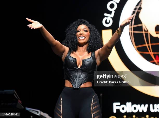 Television personality Porsha Williams onstage during the R&B Music Experience: Holiday Edition at State Farm Arena on December 04, 2022 in Atlanta,...