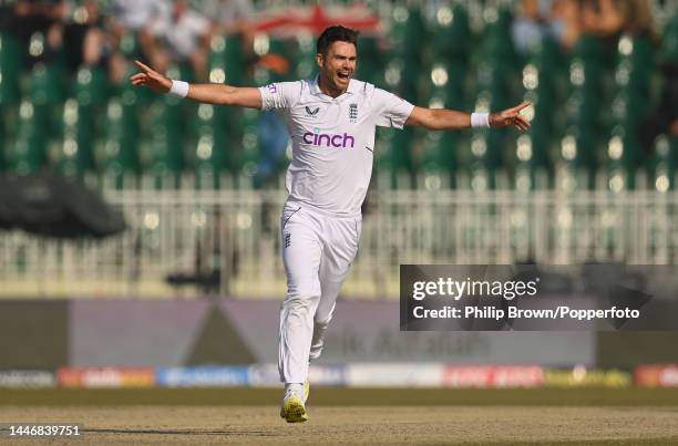 James Anderson of England celebrates after dismissing Imam-ul-Haq of Pakistan during the fifth day of the first Test between Pakistan and England at...
