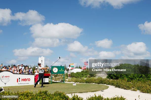 Viktor Hovland of Norway plays his shot from the first tee during the final round Hero World Challenge at Albany Golf Course on December 04, 2022 in...