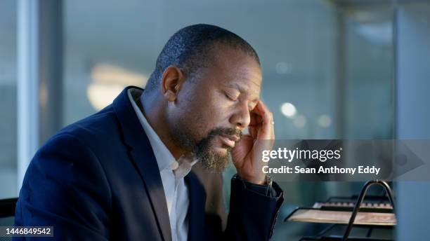 businessman, stress or headache in night office or company finance debt, office bankruptcy or investment audit. mature manager, financial worker or ceo in mental health burnout, anxiety or depression - mental toughness stock pictures, royalty-free photos & images