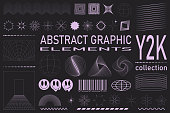 Retro futuristic elements for design. Collection of abstract graphic geometric symbols and objects in y2k style.