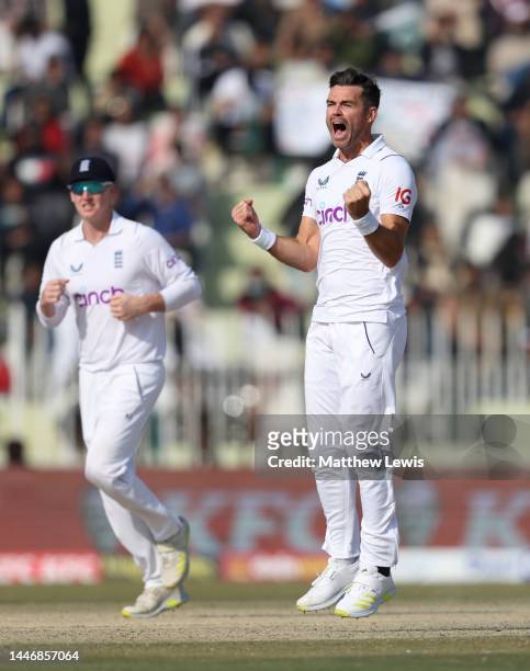 James Anderson of England celebrates dismissing Mohammad Rizwan of Pakistan during day five of the First Test Match between Pakistan and England at...