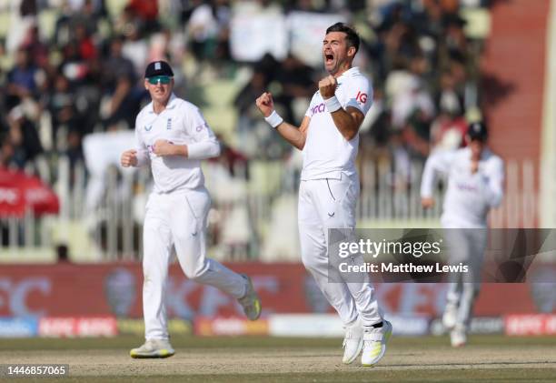 James Anderson of England celebrates dismissing Mohammad Rizwan of Pakistanduring day five of the First Test Match between Pakistan and England at...
