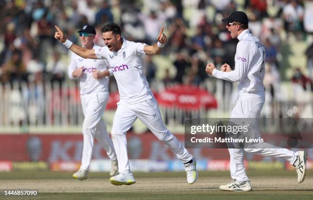 James Anderson of England celebrates dismissing Mohammad Rizwan of Pakistanduring day five of the First Test Match between Pakistan and England at...