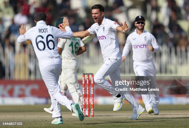 James Anderson of England celebrates dismissing Mohammad Rizwan of Pakistanduring day five of the First Test Match between Pakistan and England at...