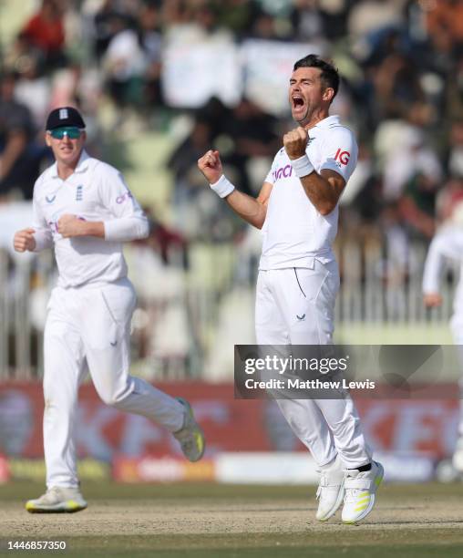 James Anderson of England celebrates dismissing Mohammad Rizwan of Pakistanduring day five of the First Test Match between Pakistan and England at...