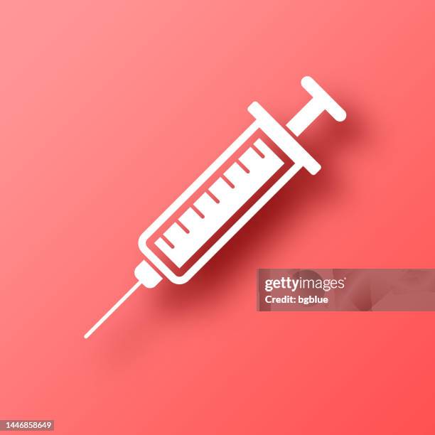 syringe. icon on red background with shadow - injecting heroin stock illustrations