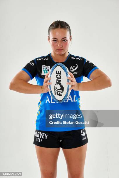 Nami Dickson poses during the Western Force 2023 Super Rugby women's team headshots session at Huzzard Studios on December 03, 2022 in Perth,...