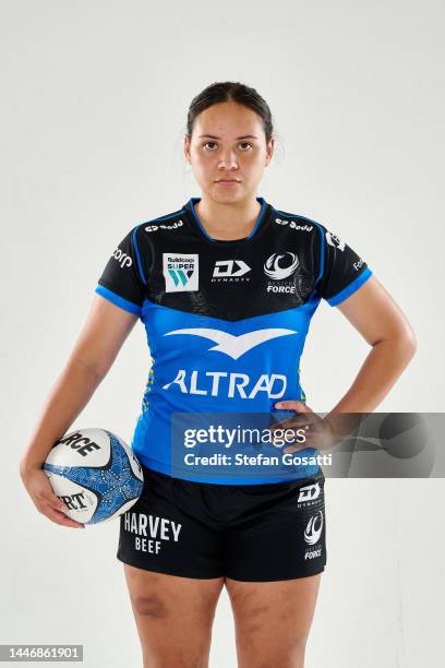 Mahina A Rangi Clair poses during the Western Force 2023 Super Rugby women's team headshots session at Huzzard Studios on December 03, 2022 in Perth,...