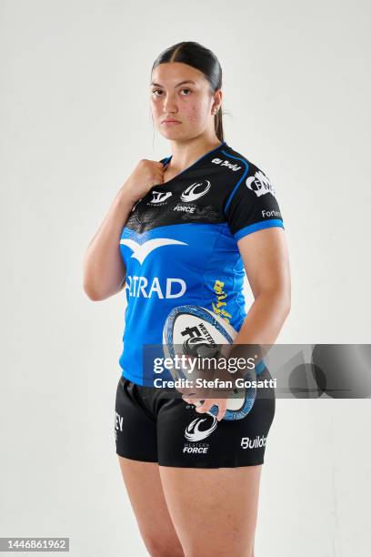 Kiera McAskill poses during the Western Force 2023 Super Rugby women's team headshots session at Huzzard Studios on December 03, 2022 in Perth,...