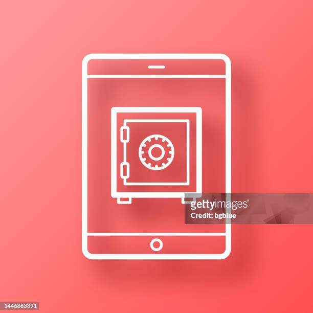 tablet pc mit safe. symbol auf rotem hintergrund mit schatten - safety deposit box stock-grafiken, -clipart, -cartoons und -symbole