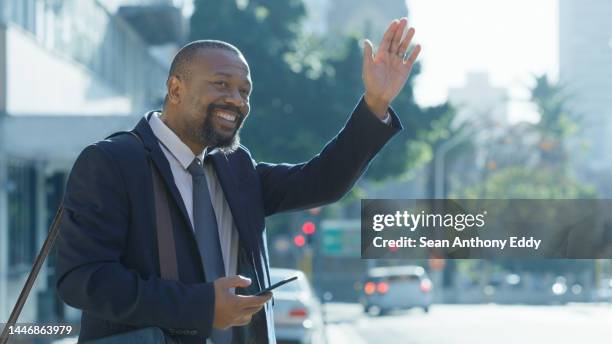 businessman, wave and calling taxi for work transport or business meeting, happiness and 5g communication on phone. man, transportation and corporate travel commute or waving smile in urban city - management car smartphone stock pictures, royalty-free photos & images