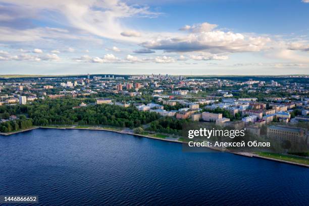 aerial panorama of the embankment of petrozavodsk., russia, the administrative center of republic of karelia. sunset on lake onega - republic of karelia russia stock pictures, royalty-free photos & images