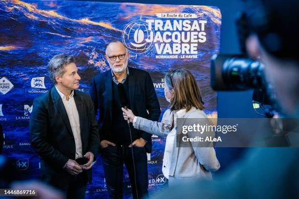 Vincent Prolongeau, President of JDE, and Edouard Philippe, Mayor of Le Havre, are being interviewed during press conference of the Transat Jacques...