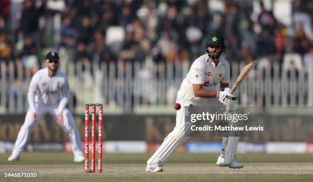 Azhar Ali of Pakistan bats during day five of the First Test Match between Pakistan and England at Rawalpindi Cricket Stadium on December 05, 2022 in...
