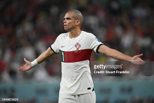 Pepe of Portugal gestures during the FIFA World Cup Qatar 2022 Group H match between Korea Republic and Portugal at Education City Stadium on...