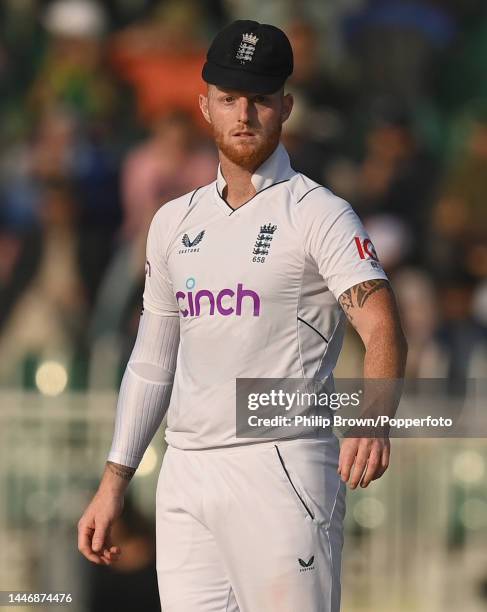 Ben Stokes of England reacts after a decision was overturned after a review during the fifth day of the first Test between Pakistan and England at...