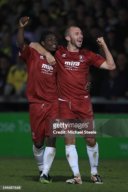 Jermaine McGlashan of Cheltenham Town celebrates scoring with Russell Penn during the npower League Two Semi Final Second Leg match between Torquay...