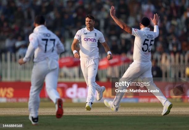 James Anderson of England celebrates the wicket of Zahid Mahmood of Pakistan during day five of the First Test Match between Pakistan and England at...