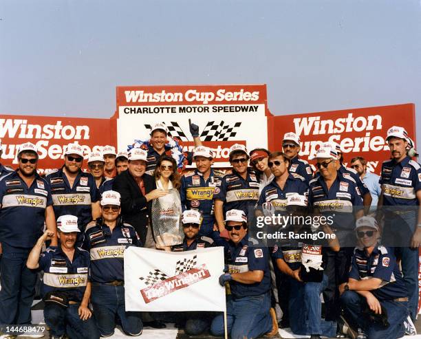 May 17, 1987: Dale Earnhardt is joined by his wife Teresa and the Richard Childress Racing crew in victory lane at Charlotte Motor Speedway after...