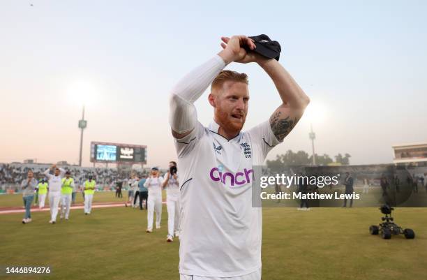 Ben Stokes of England celebrates as he leaves the field after winning the First Test Match between Pakistan and England at Rawalpindi Cricket Stadium...