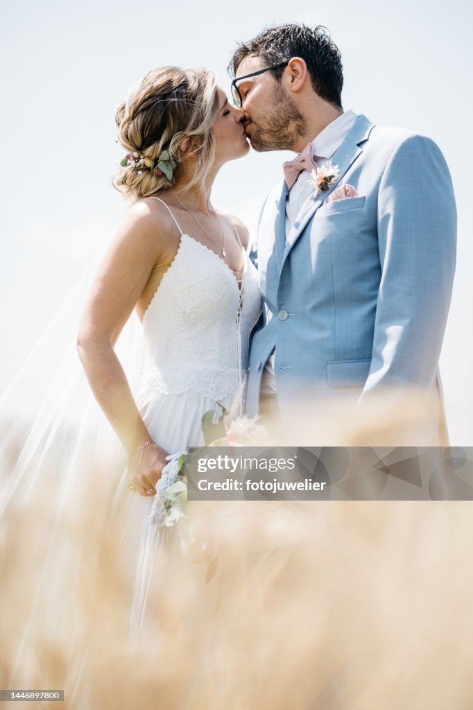 Romantic outdoor shooting with bride and groom in a field in summer