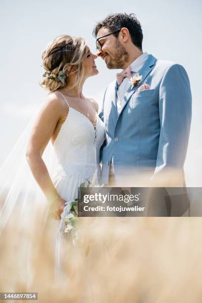 romantic outdoor shooting with bride and groom in a field in summer - wedding photographer stock pictures, royalty-free photos & images